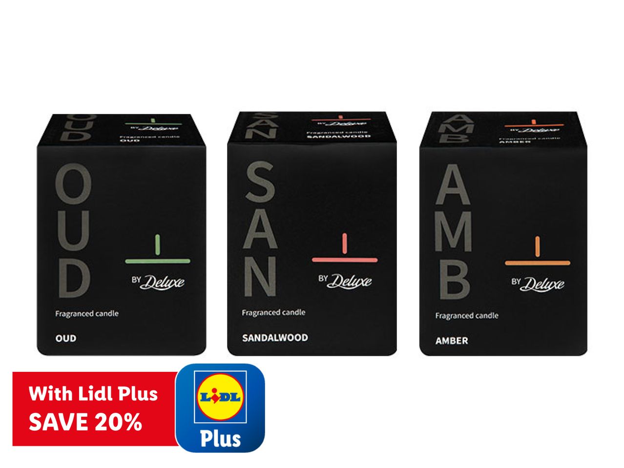 Three fragranced candles (Oud, Sandalwood, Amber) with a 'Save 20% with Lidl Plus' offer.