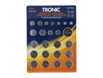 Multipack of 24 button cell batteries, including various LR and CR types, for small electronics.