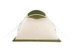 A two-tone green and beige camping tent with guy ropes, isolated on a white background.