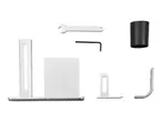 Various metal and plastic tools and accessories, including wrenches, brackets, and a sleeve.