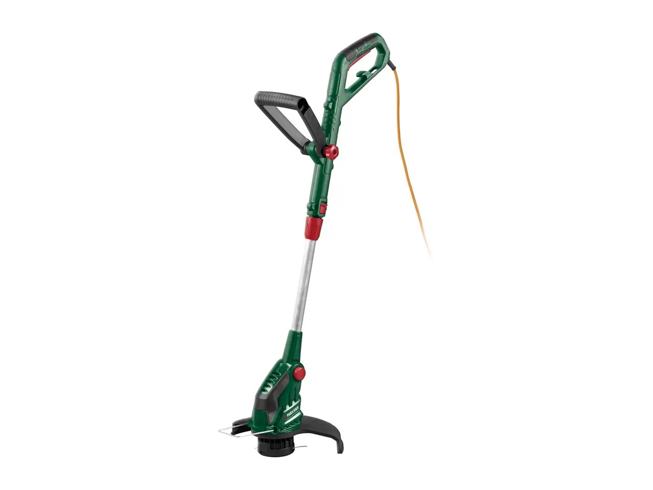 Green and black electric grass trimmer with an orange power cord.