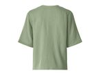 Back view of a light green short-sleeved top with a textured fabric.