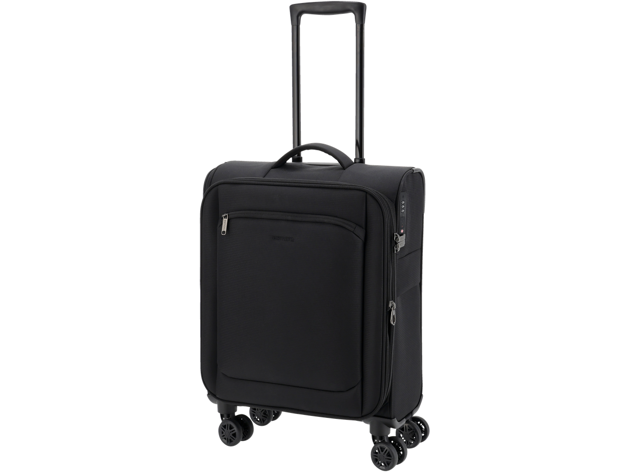 Esmara black cabin case with an extended handle and four spinner wheels.