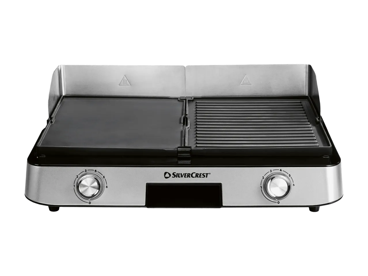 Grill électrique avec plaques de cuisson lisses et nervurées, et deux molettes de réglage.