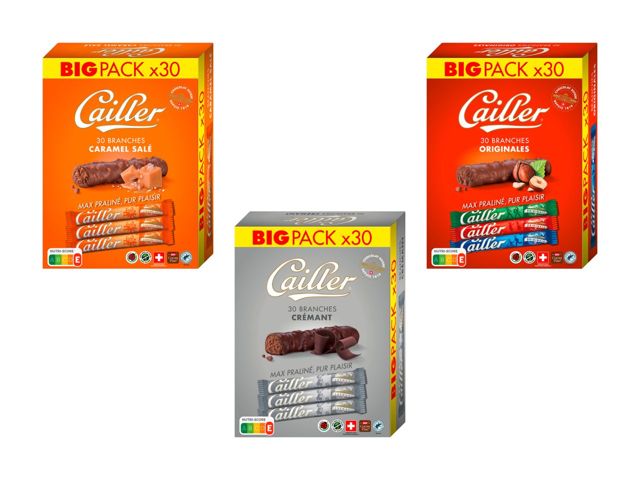 Cailler Schokoriegel-Packungen: Karamell, Original und cremig.