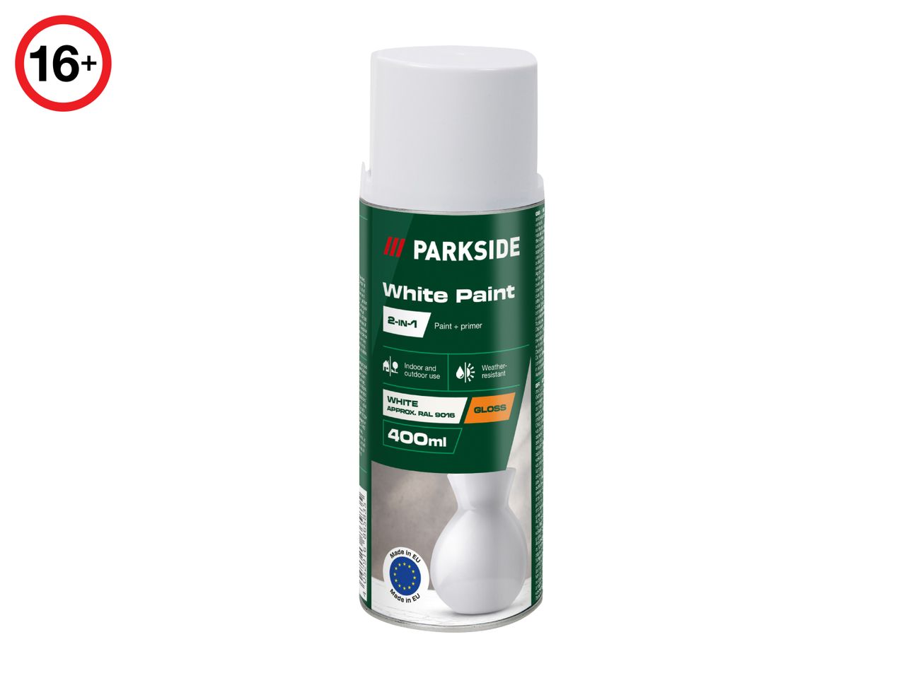 White 2-in-1 paint and primer spray can, 400ml, for indoor and outdoor use.