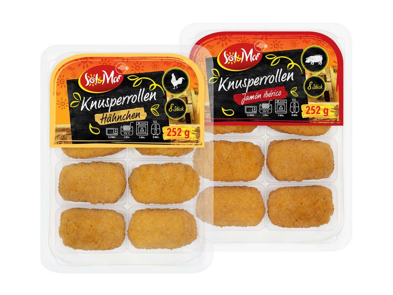 Zwei Sol&Mar Knusperrollen-Packungen, eine mit Hähnchen, die andere mit Jamón Ibérico.