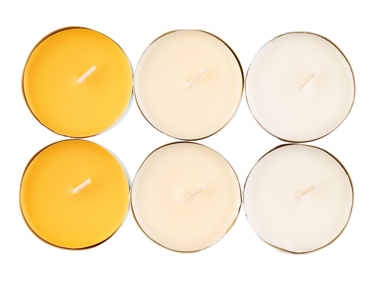 Six tea light candles in yellow, cream, and white, arranged in two rows.