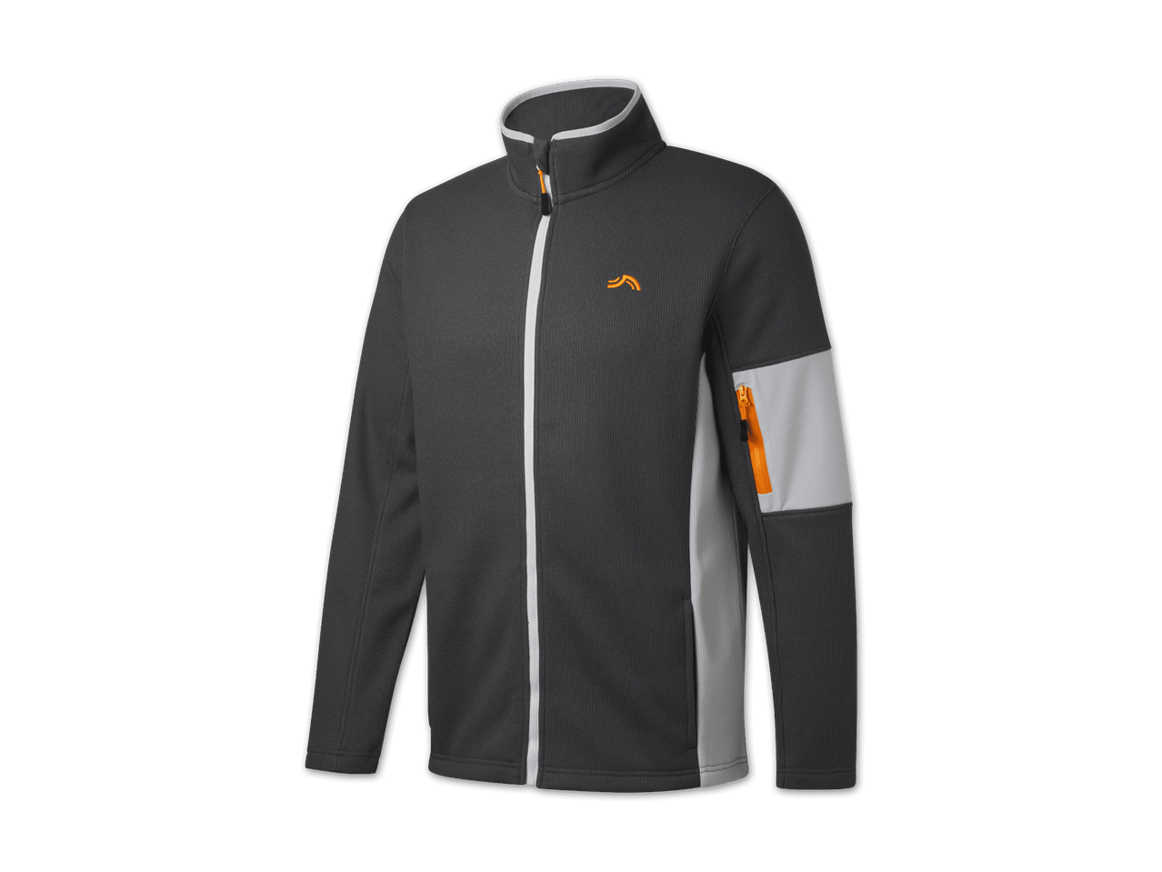 Dunkelgraue Herren-Fleecejacke mit hellgrauen Details und orangefarbenem Reißverschluss.