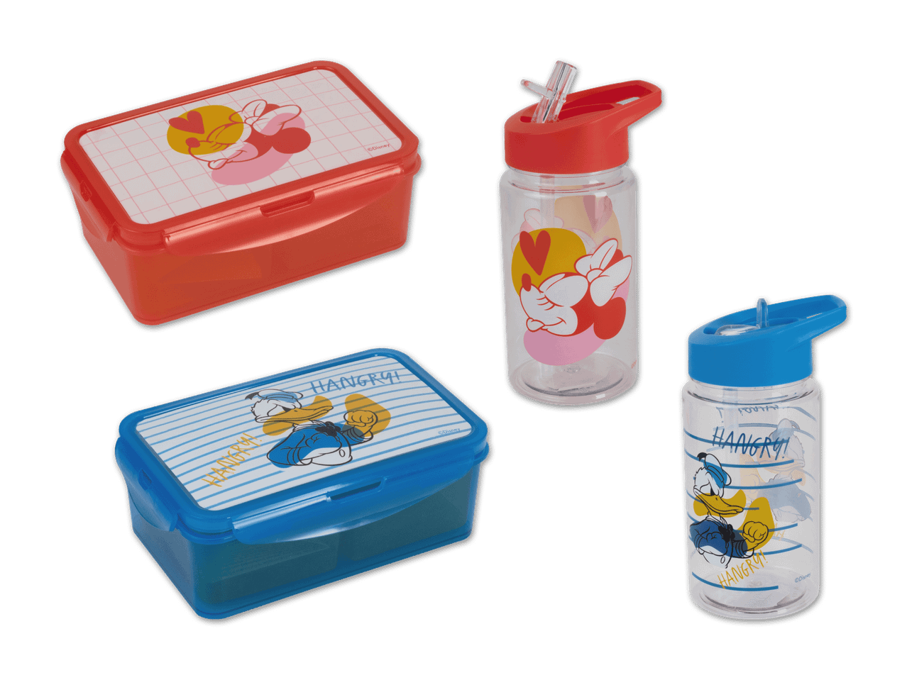 Zwei Brotboxen und zwei Trinkflaschen mit kindgerechtem Design.