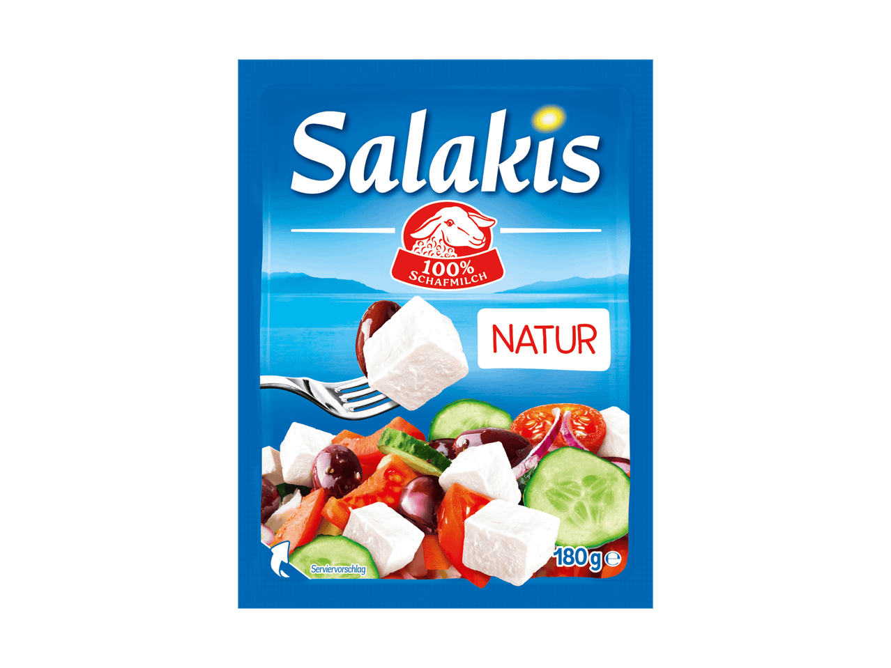 Packung mit Feta-Käsewürfeln und Salat, Aufschrift 'NATUR' und '100% SCHAFMILCH'