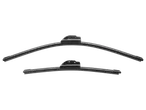 Two black windshield wiper blades with a spoiler, set against a black background.