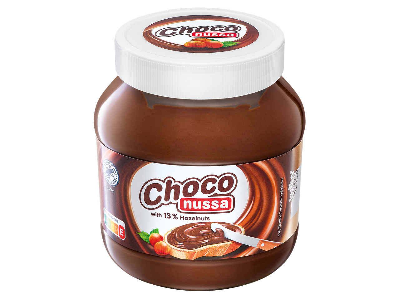 Буркан с шоколадов крем с лешници, с надпис „Choco nussa with 13% Hazelnuts“.