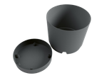 Dark gray cylindrical pot and lid.