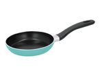Turquoise frying pan with a black non-stick coating and a black handle