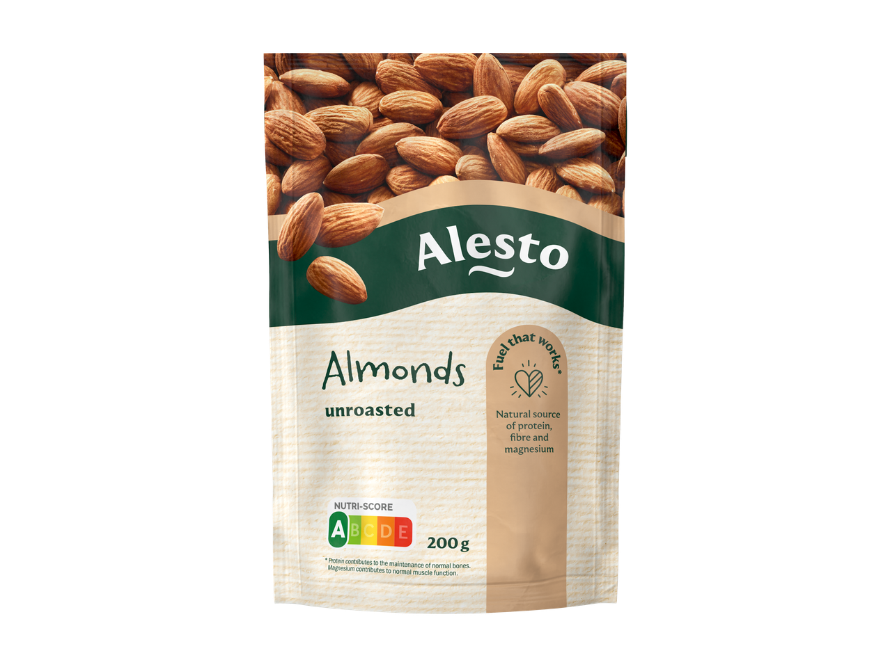 Alesto ongeroosterde amandelen, verpakking van 200g, met Nutri-Score A.