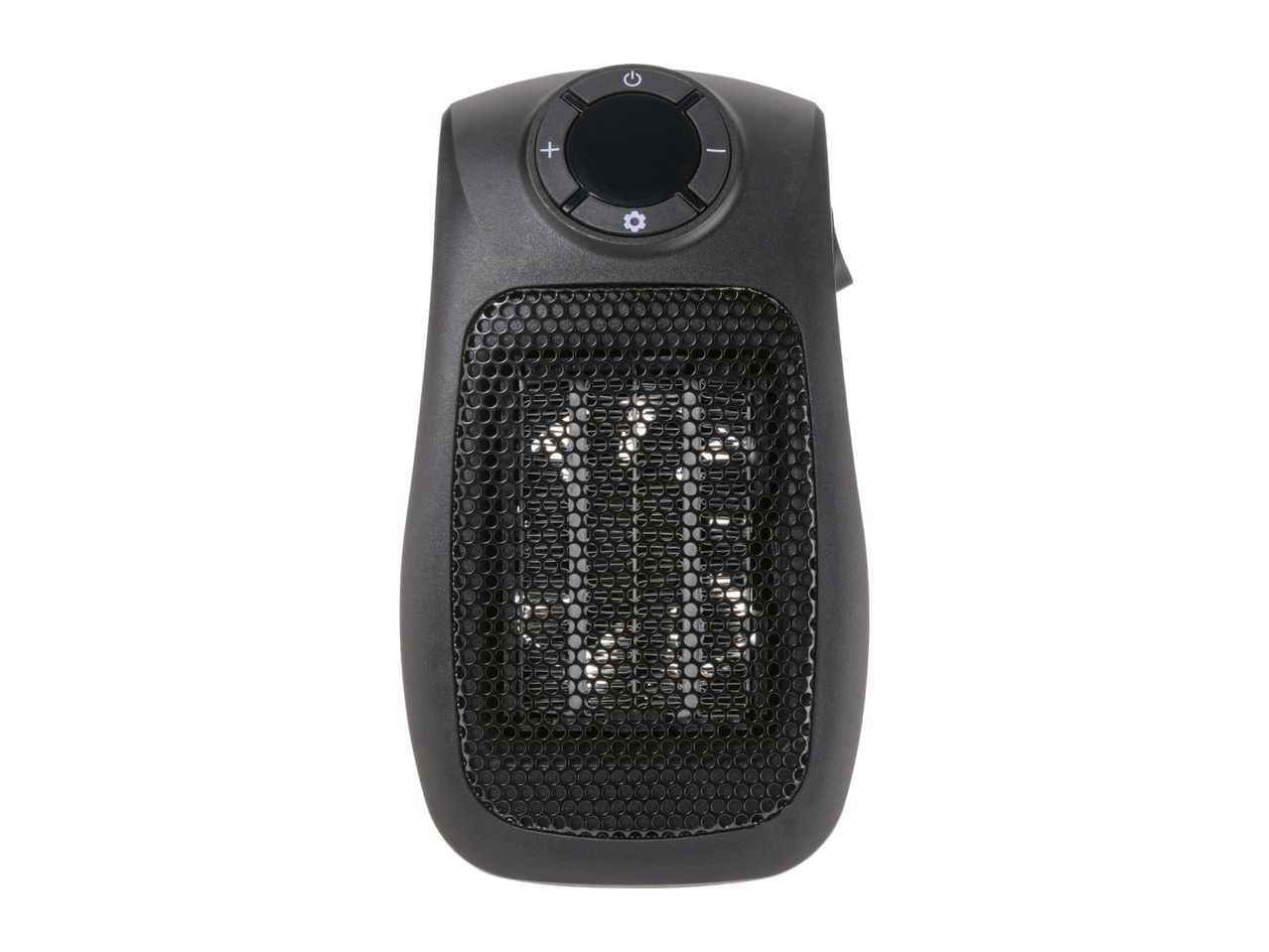 Black portable electric heater with digital controls and a mesh grille.