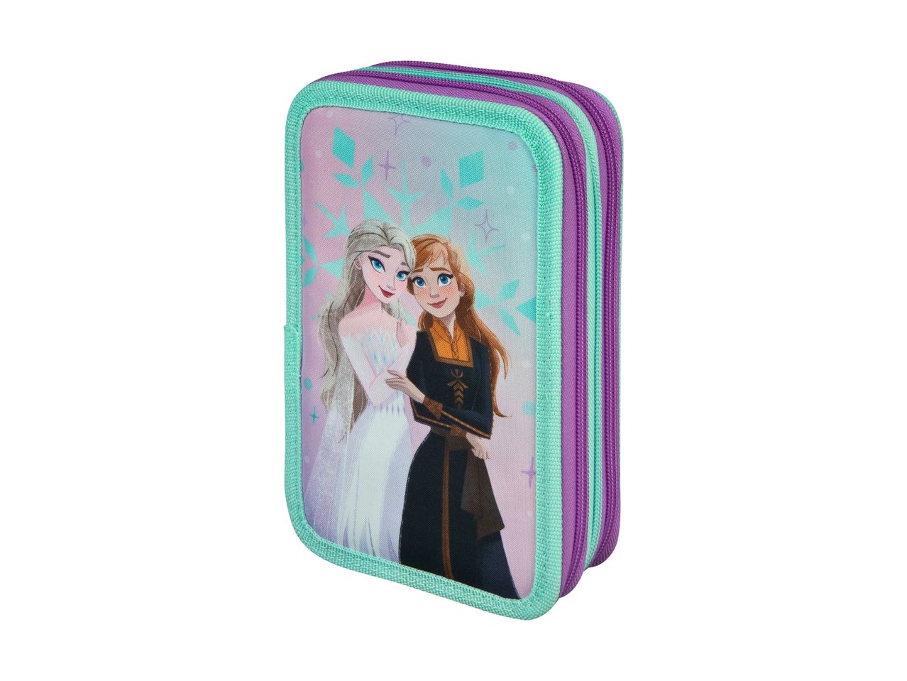 Frozen-themed pencil case featuring Elsa and Anna, with purple and teal zippers.