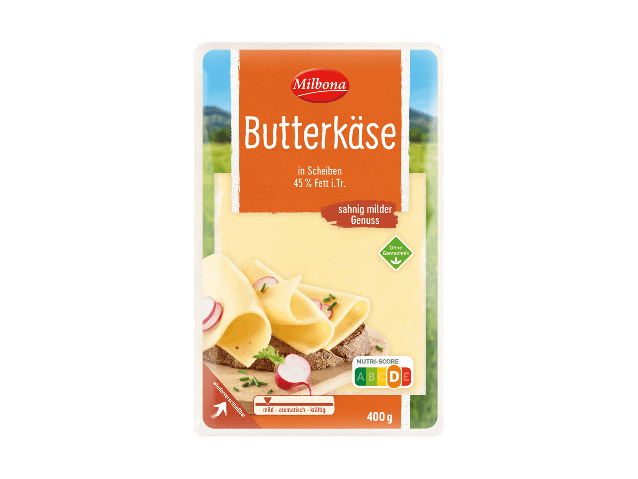 Verpackung von Butterkäse in Scheiben mit 45% Fett i.Tr., sahnig mildem Genuss und Nutri-Score D.