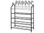Black metal shoe rack with four shelves and hooks for hanging items.