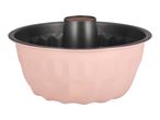 Pink bundt cake pan with a non-stick coating and fluted design.