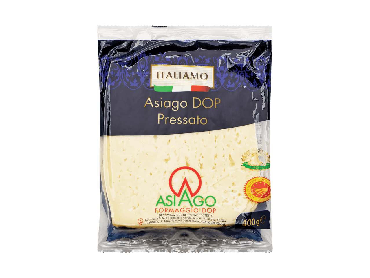 Packung mit 400g Asiago DOP Pressato Käse.