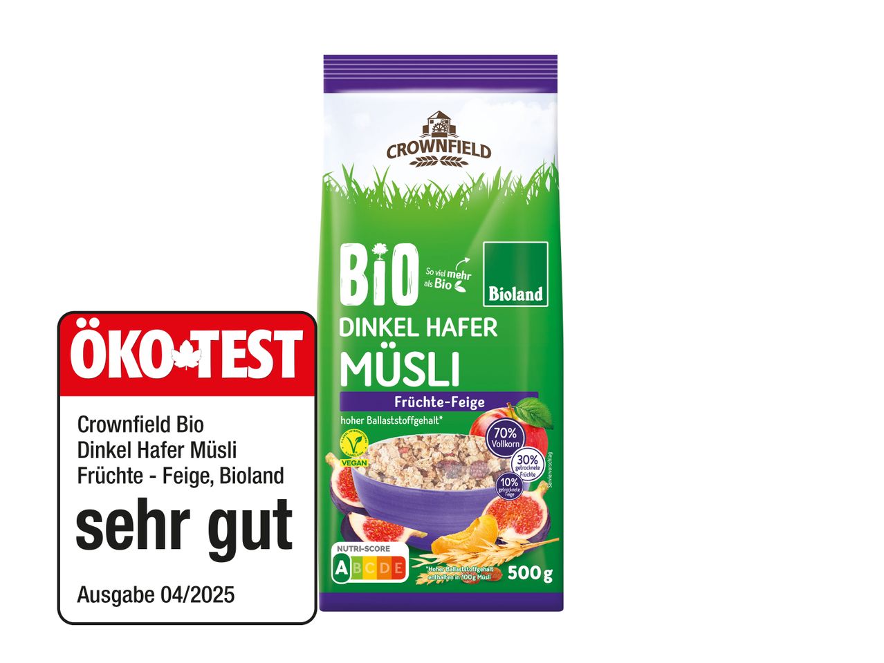 Crownfield Bio Dinkel-Hafer Müsli mit Früchten und Feigen.