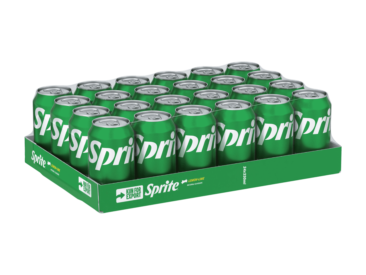 Eine Packung mit 24 Dosen Zitronen-Limetten-Erfrischungsgetränk, beschriftet mit „KUN FOR EXPORT“.