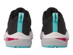 Pair of black and white athletic shoes with teal and pink accents, seen from the back.