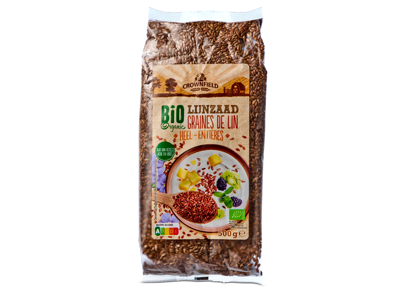 Crownfield biologische lijnzaad: 500g zak hele lijnzaad.