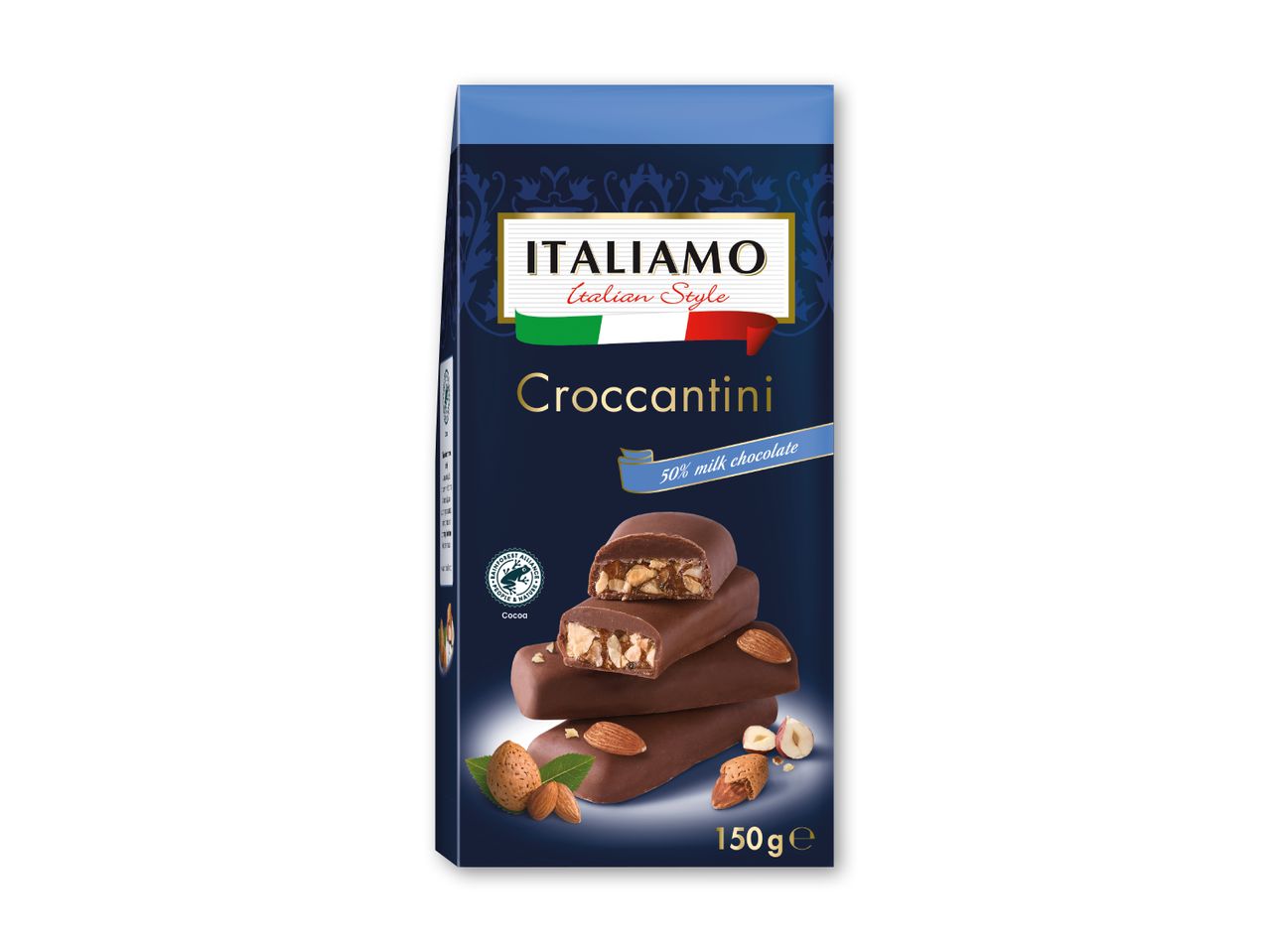 Pakke med chokoladebarer med nødder, mærket 'Croccantini' og '50% mælkechokolade'.