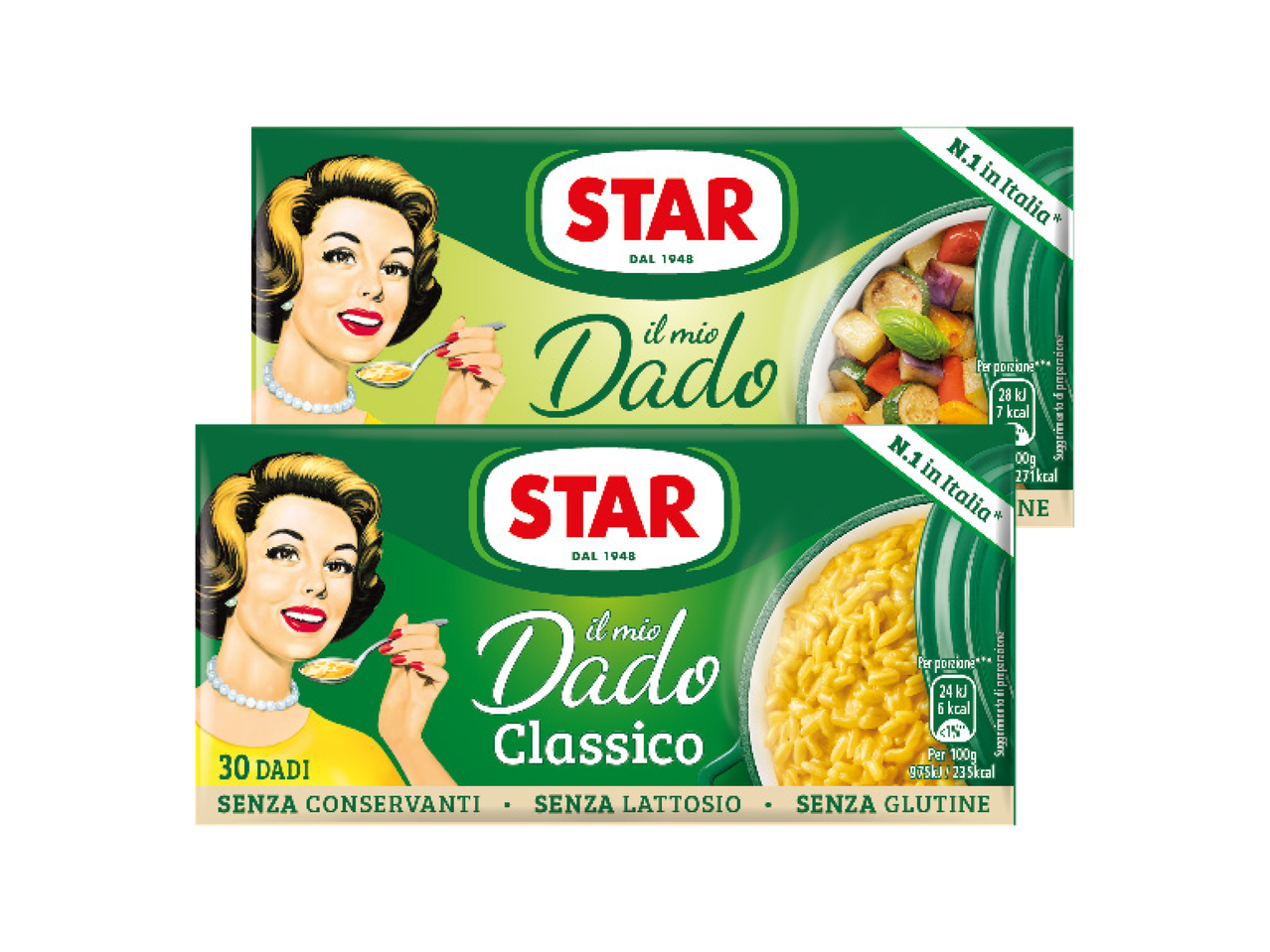 Due confezioni di brodo Star 'Il mio Dado', una classica e una con verdure, con una donna sorridente.