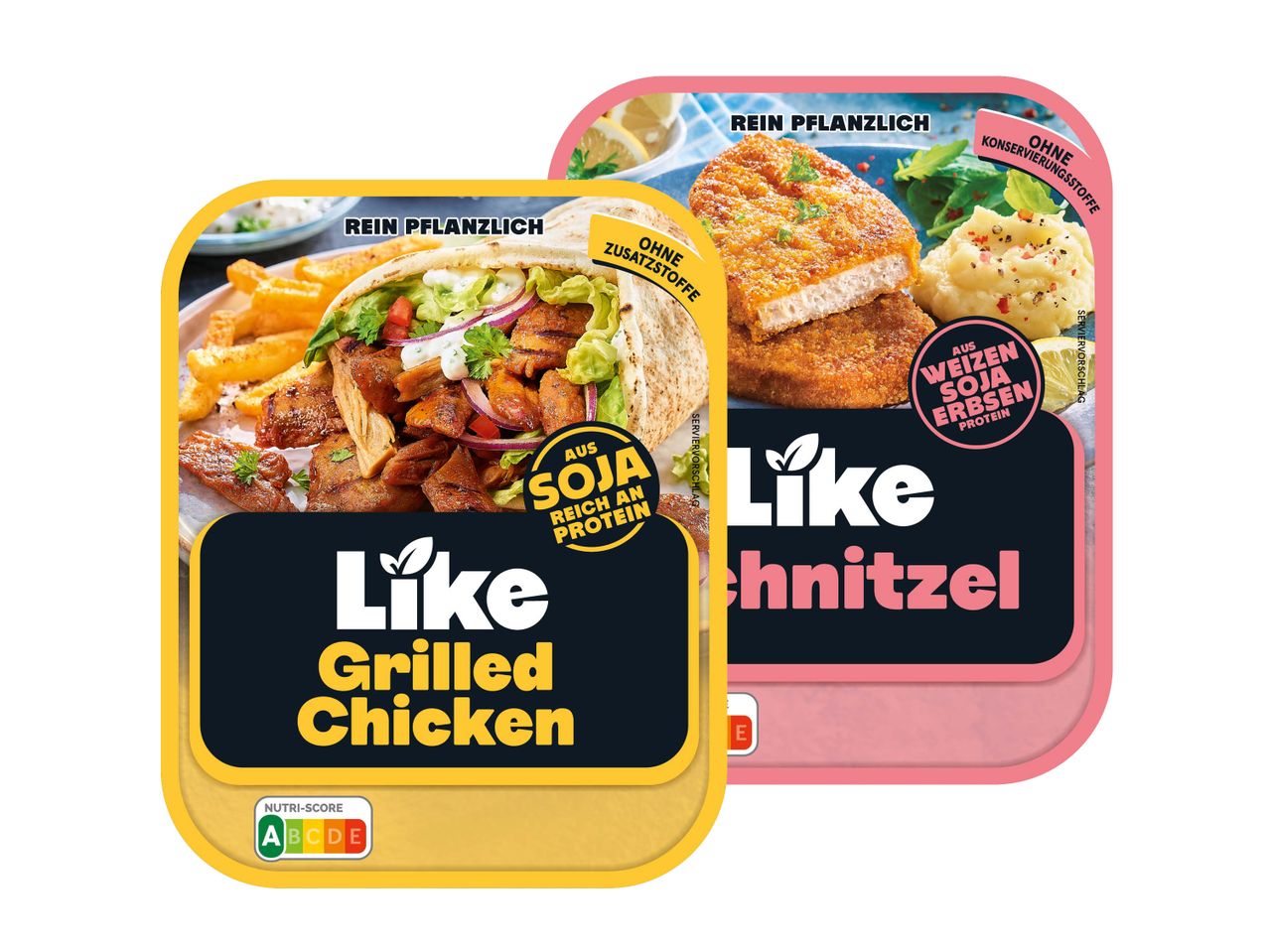 Zwei Like-Produkte: Gegrilltes Hühnchen und Schnitzel, beide rein pflanzlich.