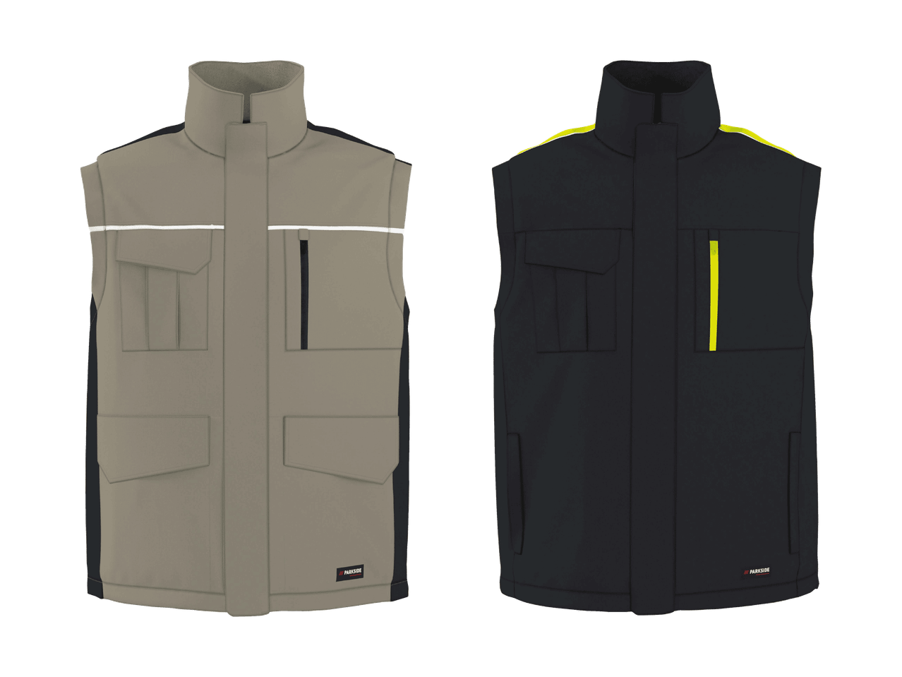 Due gilet da lavoro, uno beige con strisce riflettenti bianche e uno nero con strisce gialle.