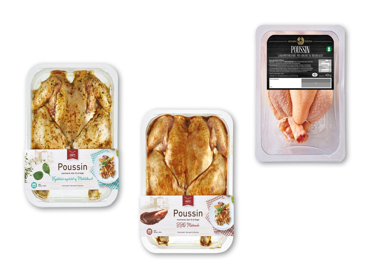 Tre pakker poussin, to marinerede og en rå, med mærkerne Sagra og Butcher's Selection.