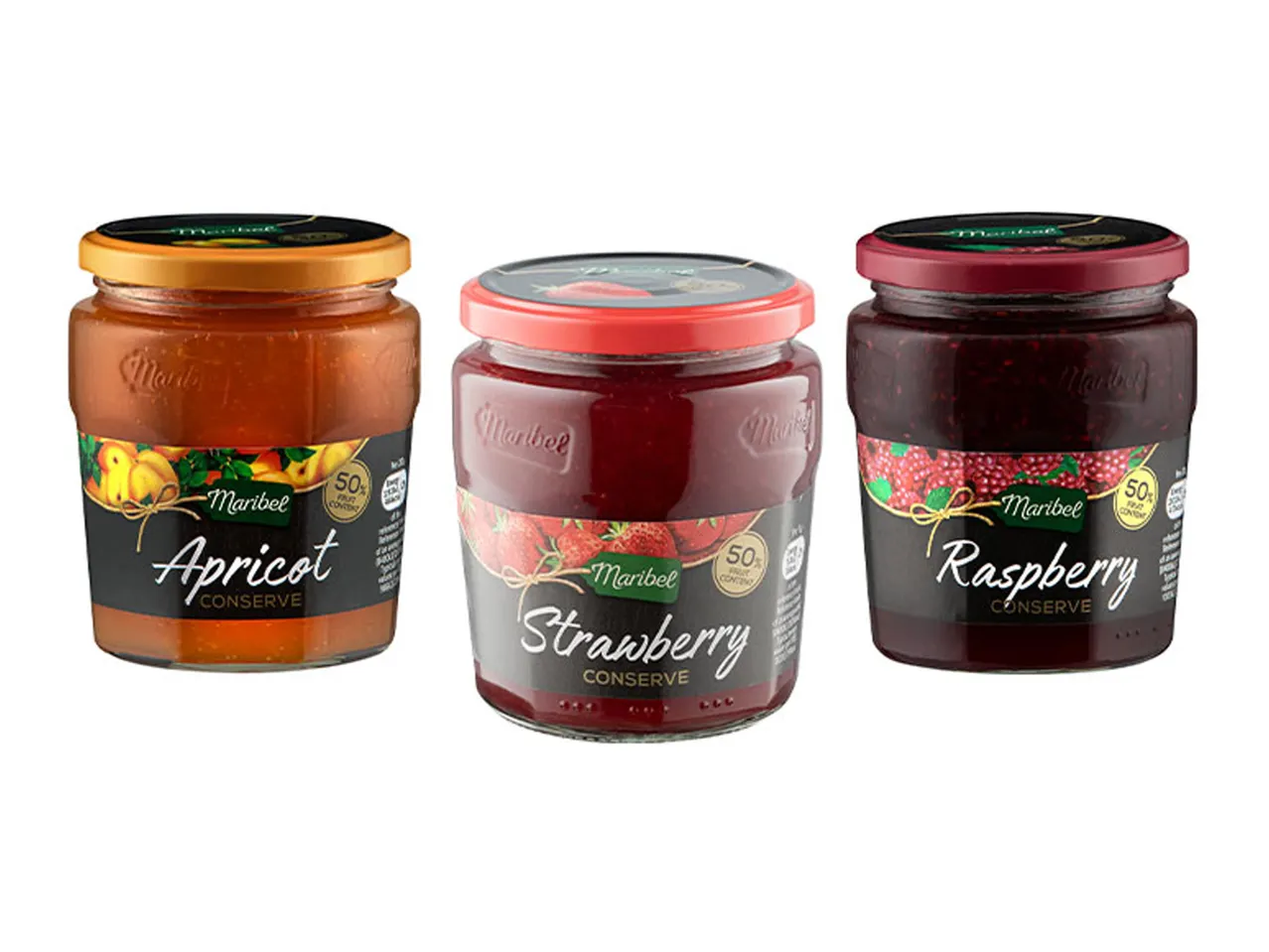 Maribel brand jars of apricot, strawberry, and raspberry conserves.