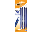 Four retractable BIC Round Stic Clic pens, dark blue.