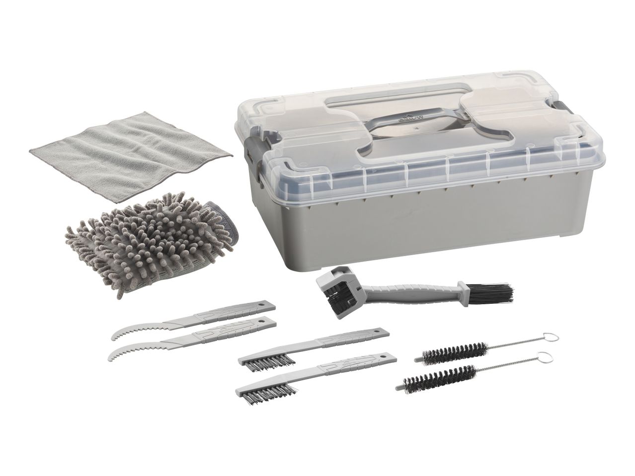 Reinigungsset mit Aufbewahrungsbox, Mikrofasertuch, Waschhandschuh und verschiedenen Bürsten.
