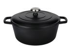 Black cast iron casserole dish with lid and silver knob