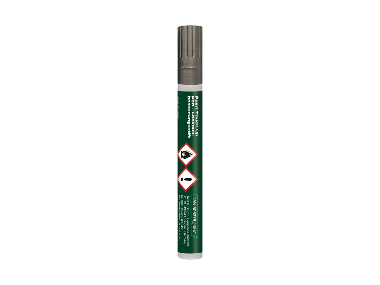 Paint touch-up pen with hazard symbols and contact information.