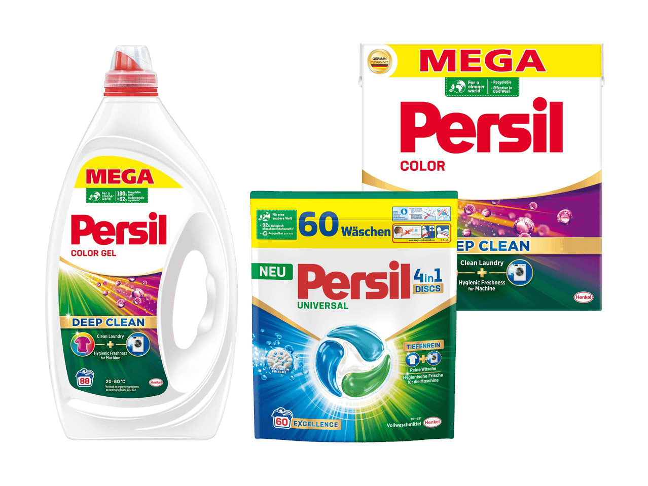 Drei Persil Waschmittelprodukte: ein Flüssigwaschmittel, ein Pulverwaschmittel und Waschmittel-Discs.