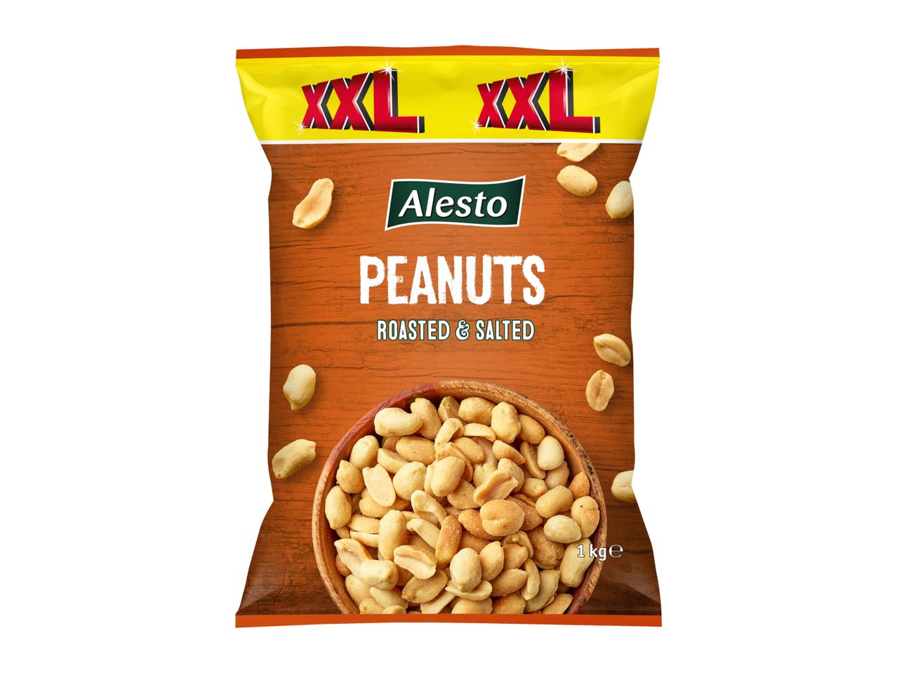 A 1kg bag of Alesto XXL roasted and salted peanuts.