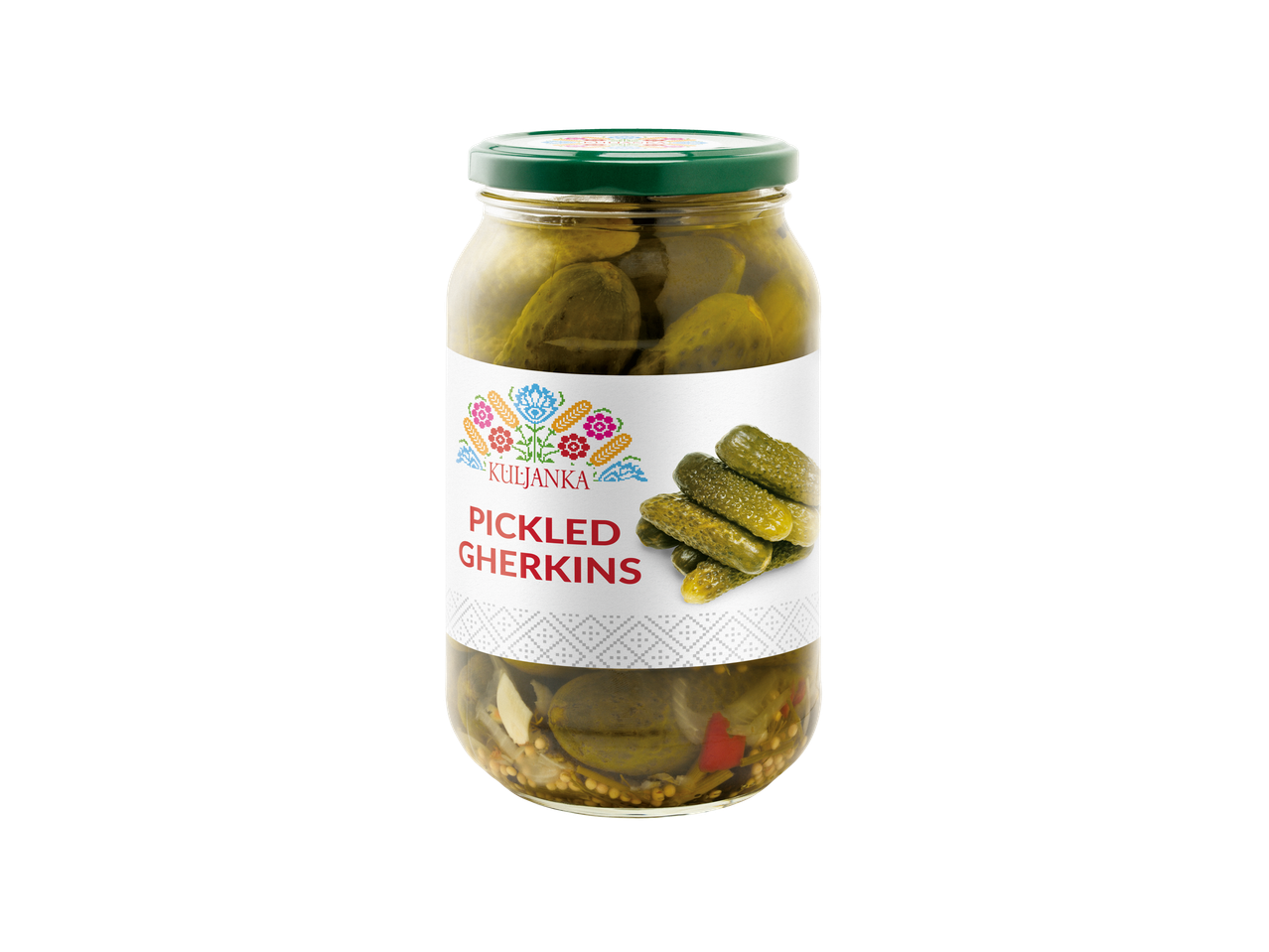 A jar of Kuljanka Pickled Gherkins with a green lid and a white label featuring a floral design.