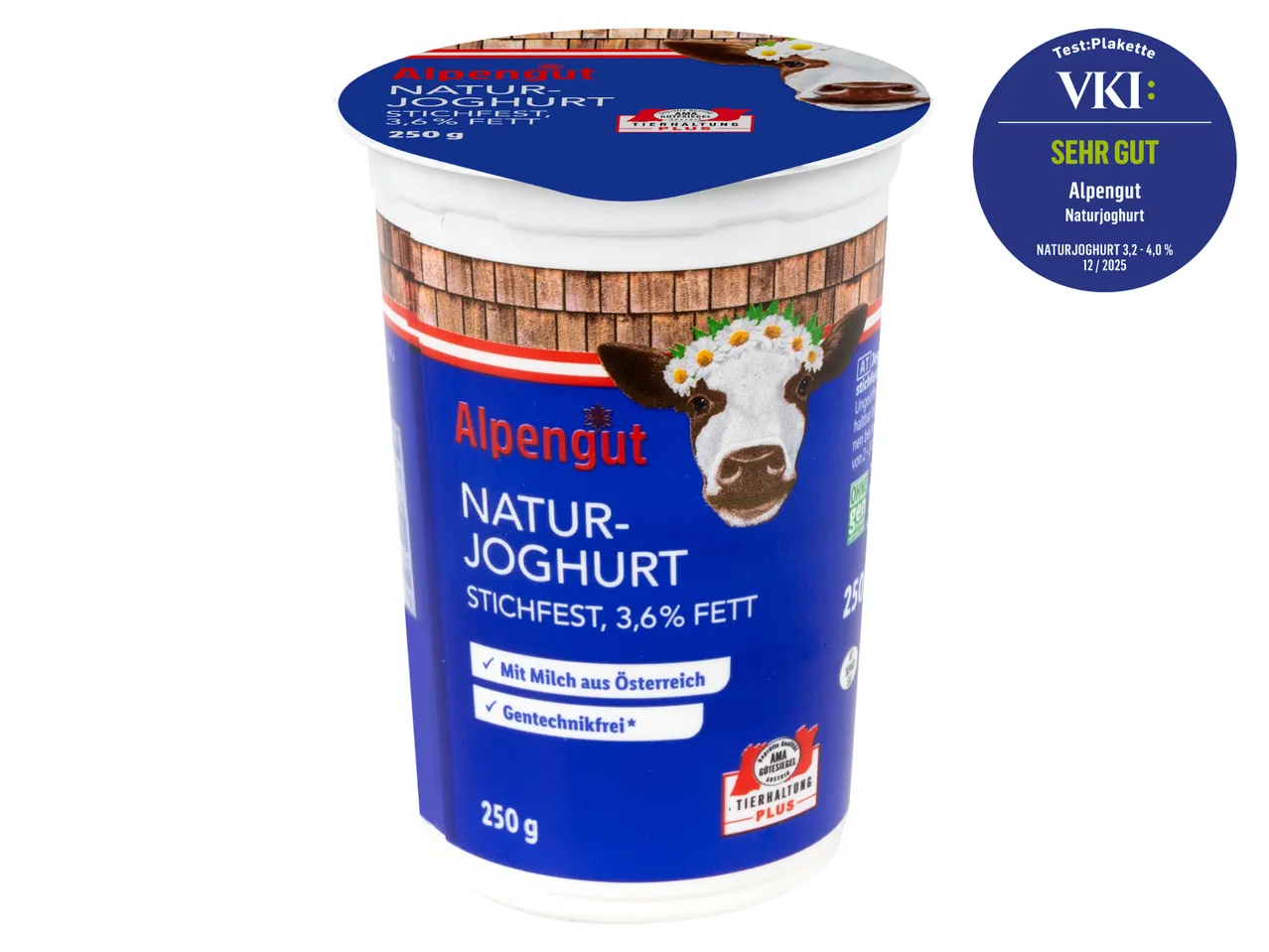 Alpengut Naturjoghurt, stichfest mit 3,6% Fett, hergestellt mit Milch aus Österreich und gentechnikfrei.