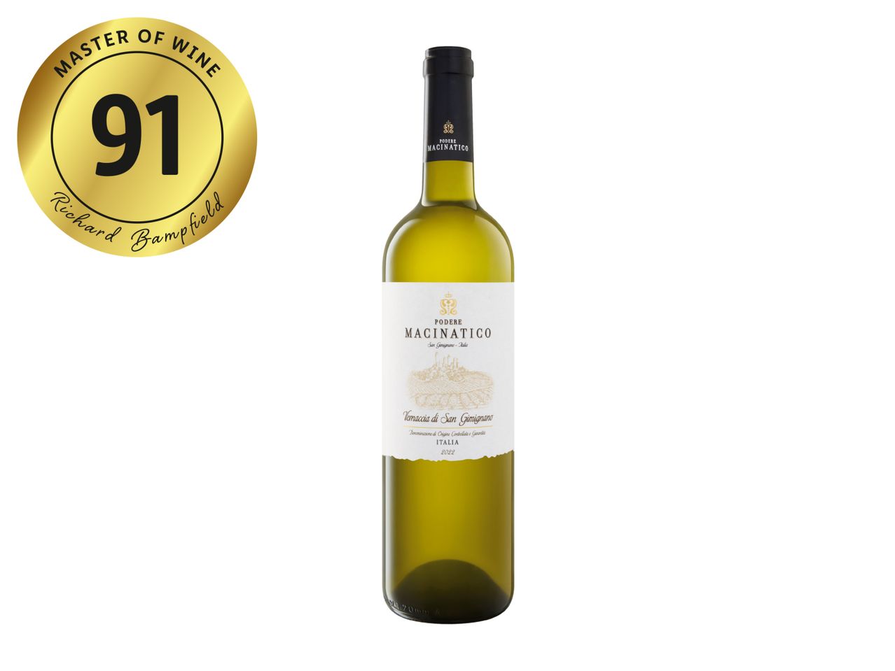 White wine bottle with a gold 91-point Master of Wine rating by Richard Bampfield.