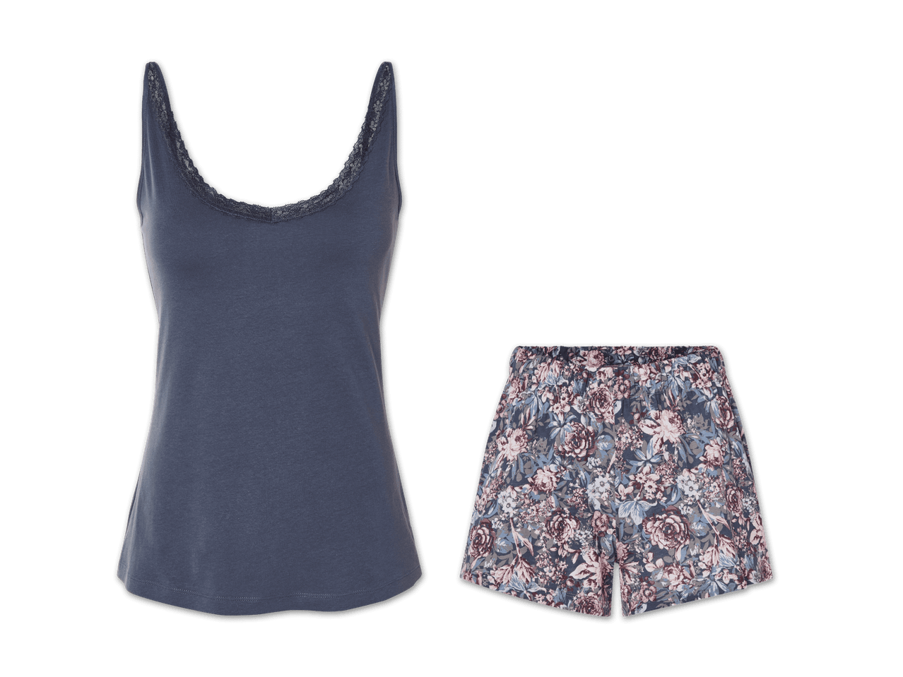 Damen-Nachthemd-Set: ein dunkelblaues Tanktop mit Spitze und eine Shorts mit Blumenmuster.