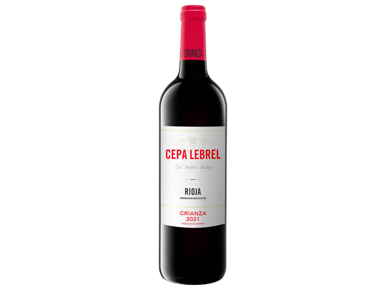 A bottle of Rioja DOC Crianza red wine.