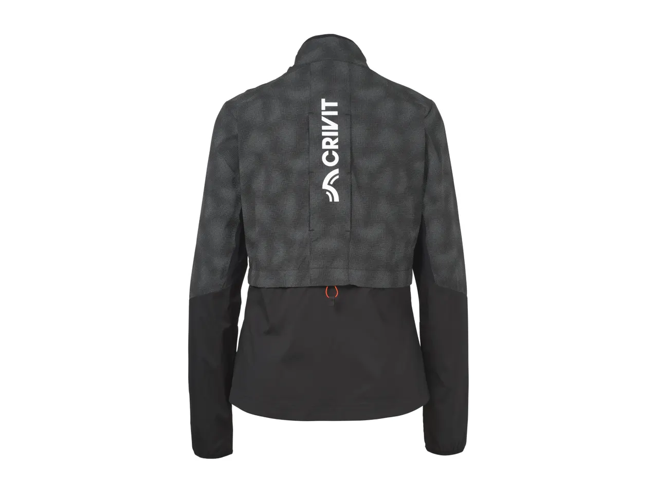 Black and grey athletic jacket with a textured pattern and an orange drawstring.