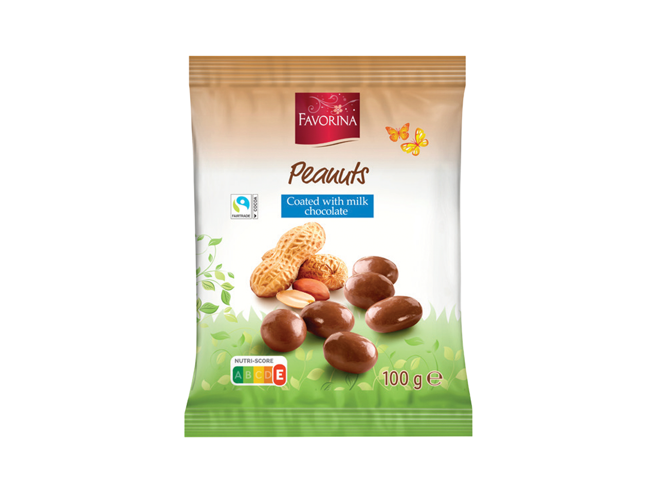 Pakovanje kikirikija obloženog mlečnom čokoladom sa Nutri-Score ocenom E i oznakom Fairtrade kakaoa.