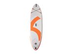 White and orange inflatable stand-up paddleboard with bungee cords and a central handle